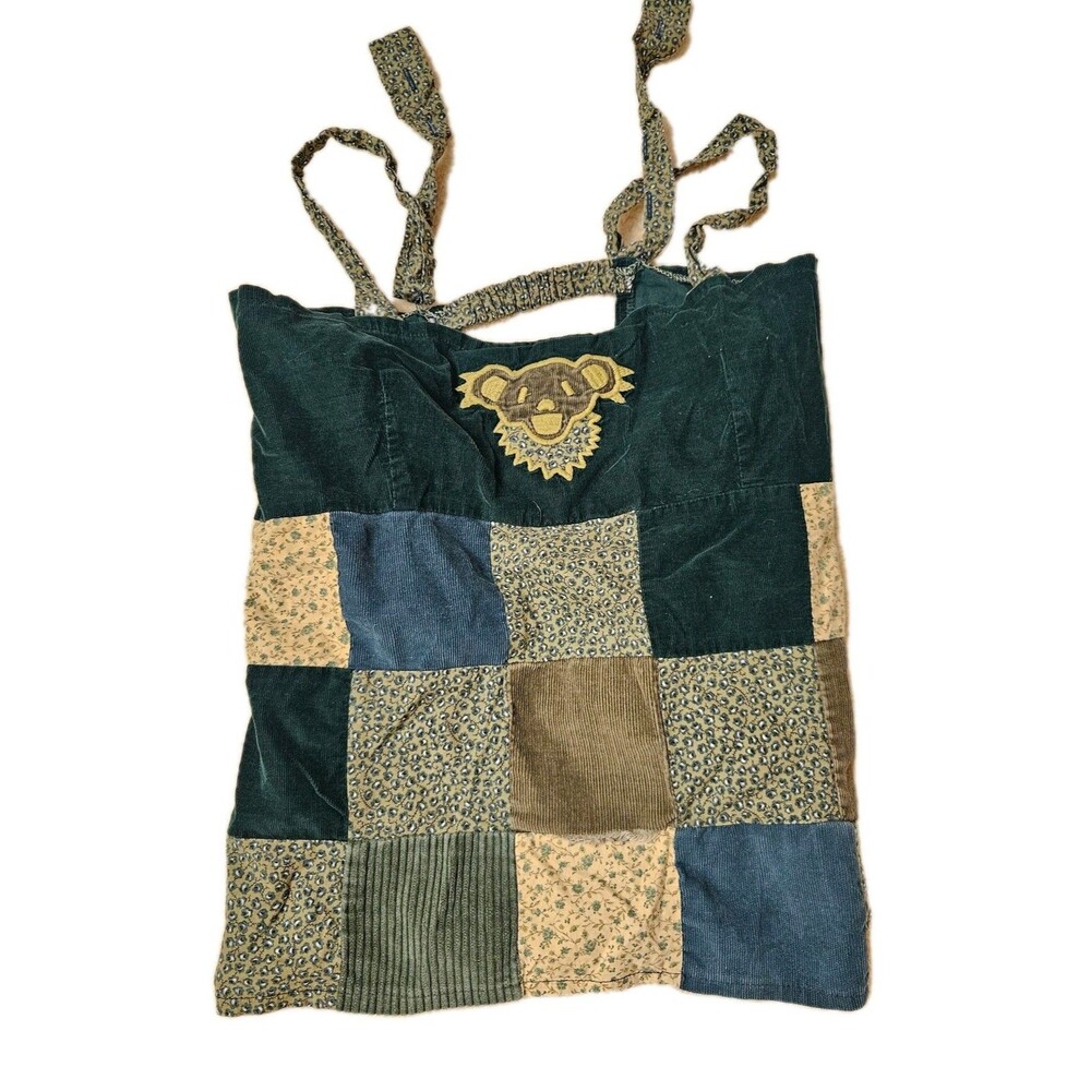 Gypsy Rose Festival Patchwork Grateful Dead Bear Brown Apron Top Y2K